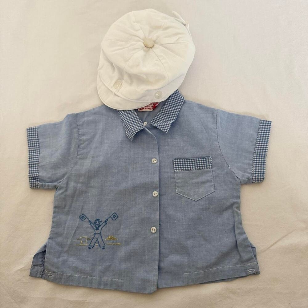 Vintage 1950s Baby Boy Shirt Hat Set Dan River Gingham Embroidered 6-12M